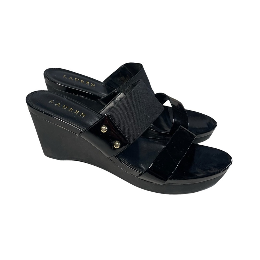 Lauren Ralph Lauren Rihanna Black Slip On Open Toe Wedge Sandals Size 9B
